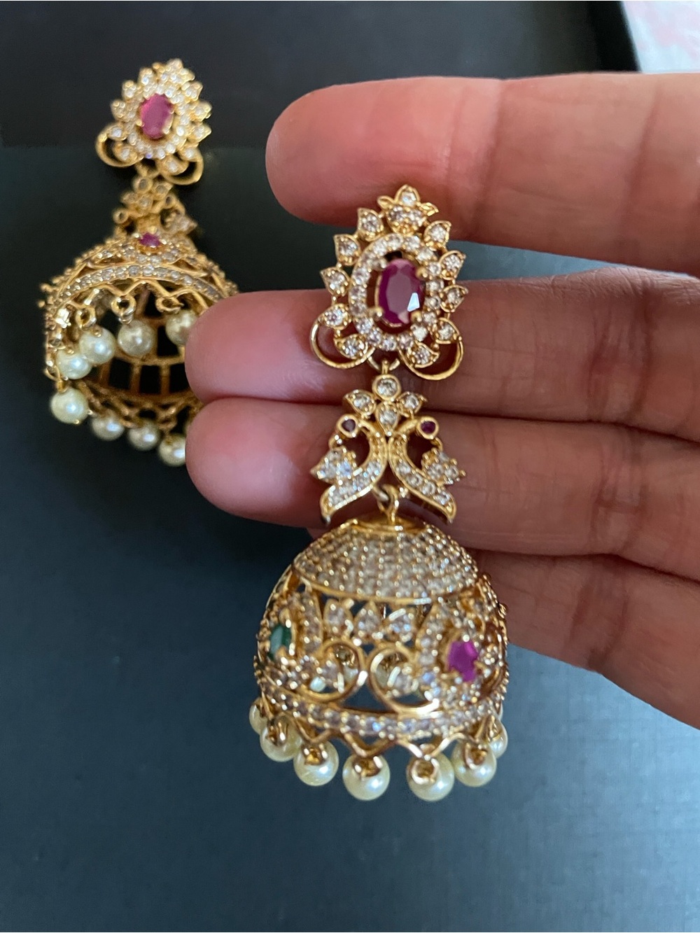 Gold Jhumka Earrings with Pink and Green Stones